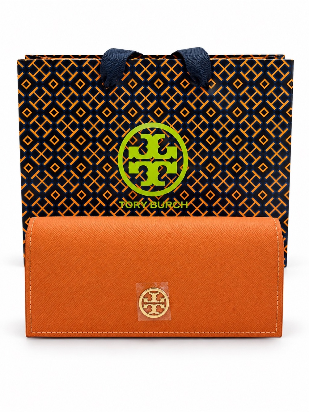 NEW Tory Burch Orange Leather Sunglasses Case with Gold Logo Emblem, includes ba